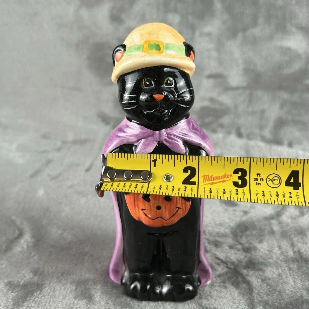 Vintage Ceramic Halloween Figurine Black Cat Dressed As‎ Witch W/ Jack O Lantern